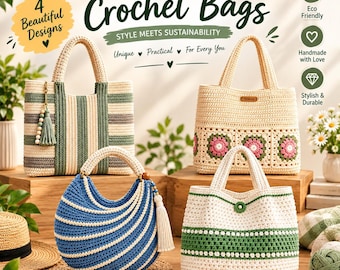4 Crochet Bag Patterns Bundle, Tote, Shoulder, Market Bag (Digital Download)