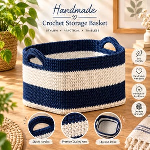 Puede incluir: Una cesta de almacenamiento de ganchillo rectangular con rayas horizontales en azul marino y crema. La cesta tiene dos asas integradas en los lados y una construcción de hilo texturizado. El texto en la imagen dice Handmade Crochet Storage Basket.