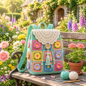 以下が含まれることがあります： ピンク、黄色、青、緑の花柄モチーフのカラフルなグラニースクエア模様が特徴のクロッシェ編みバックパック。クリーム色の円形レースのフラップ、木製ボタンの留め具、木製ビーズ付きの装飾的なタッセルが付いています。