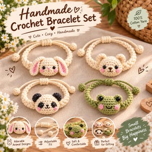 Könnte beinhalten: Ein Set aus vier handgefertigten Häkelarmbändern mit cremefarbenen Garnbändern und verstellbaren Schiebeknoten. Die Armbänder zeigen Tierfiguren: einen Hasen mit rosa Ohren, einen Bären, einen Panda und einen grünen Frosch mit schwarzen Augen.