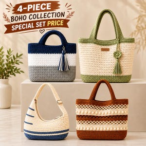 May include: A four-piece collection of crochet bags. One bag is navy, white, and gray with a tassel. Another is cream and sage green with a flower tassel. A third is a cream hobo bag with blue stripes. The fourth is a brown and cream textured bag.