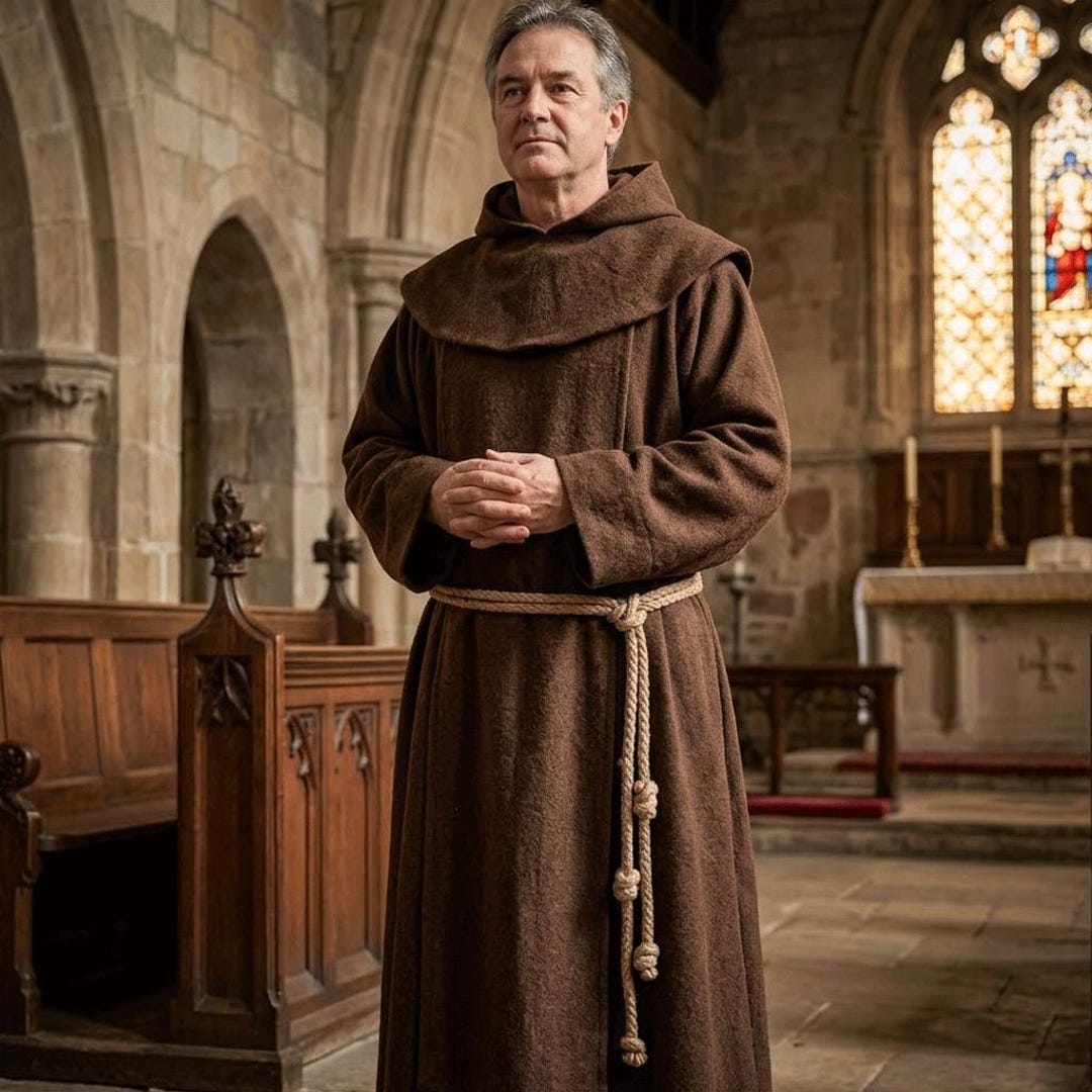 Brown Franciscan Monk Habit: Coarse Wool, Hooded Robe, Rope Cincture (Made to Order)