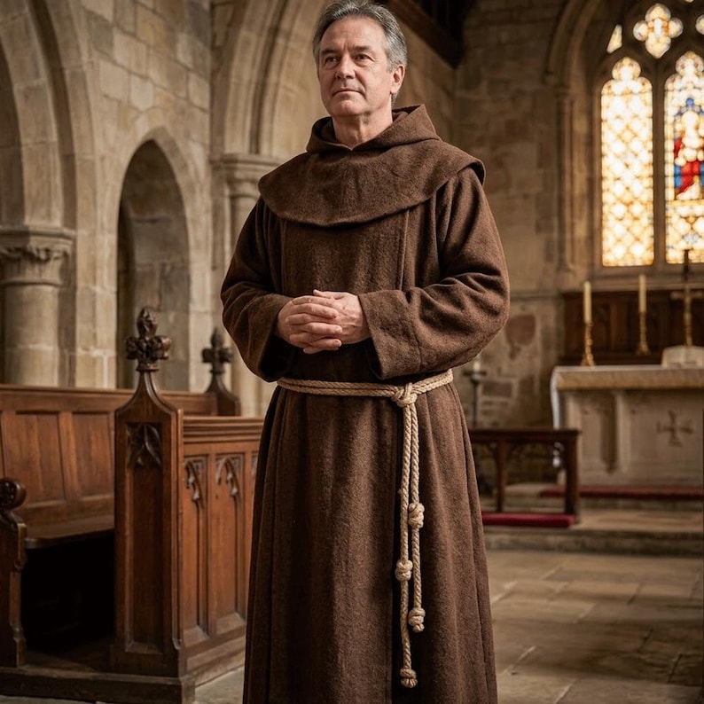 Franciscan Monk Habit Brown Hooded Robe Rope Cincture Scapular Friar Cassock Monastic Religious Medieval Cosplay LARP Costume