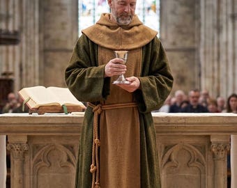 Hooded Monk Robe, Green Tan Franciscan Friar Habit Rope Belt, Medieval Costume Renaissance Faire LARP, Cosplay Halloween Nativity