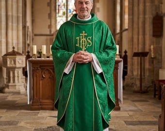 Green Gothic Chasuble, Gold IHS Cross Wheat Grapes Embroidery, Damask Catholic Priest Vestment, Ordinary Time Mass, Ordination Gift