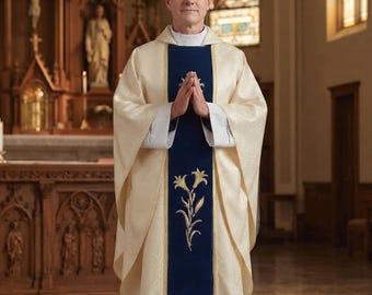 Ivory Marian Chasuble, Navy Orphrey Gold M Monogram Lily Embroidery, Catholic Priest Vestment, Our Lady Mass, Ordination Gift