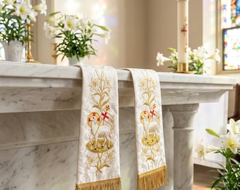 Ivory Agnus Dei Stole, Gold Lamb of God Lily Embroidery, Damask Catholic Priest Vestment, Easter Christmas Wedding, Ordination Gift