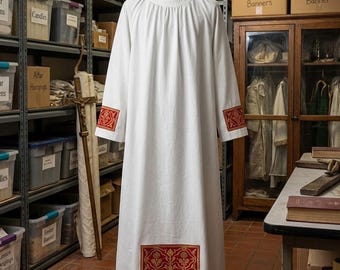 Priest Alb, White Pleated Cotton Alb with Red Gold Apparels, Catholic Clergy Mass Vestment, Deacon Server Robe, Ordination Gift