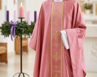 Rose Chasuble Stole Set, Pink Gaudete Laetare Gothic Vestment, Gold Cross Orphrey Catholic Priest Mass Vestment, Ordination Gift