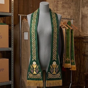 May include: A green liturgical stole featuring gold embroidered Celtic knotwork borders and a chalice motif at the base. The design includes a white host, wheat stalks, and grapes, finished with gold fringe at the bottom edges of the garment.