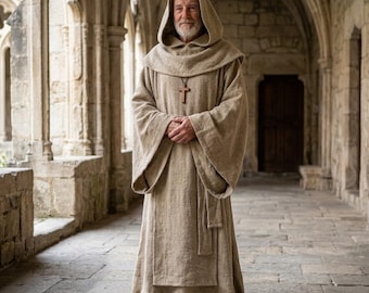 Hooded Monk Robe, Natural Wool Blend Franciscan Friar Habit, Medieval Costume Renaissance Faire LARP, Cosplay Halloween Nativity