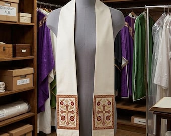Ivory Clergy Stole, Gold Red Cross Rose Celtic Embroidery, Priest Pastor Vestment, Christmas Easter Wedding, Ordination Gift