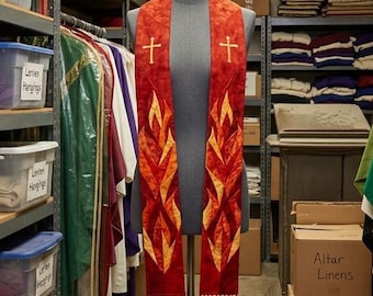Red Pentecost Stole, Holy Spirit Flames Clergy Stole, Gold Cross Pastor Priest Vestment, Confirmation Ordination Gift