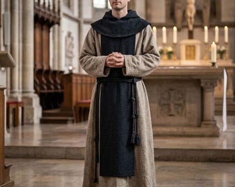 May include: A full-length beige robe with long sleeves and a hood, layered with a dark charcoal scapular. A matching dark charcoal cord belt with knotted ends is tied around the waist, securing the garment over the textured beige fabric.