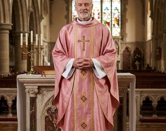 Rose Gothic Chasuble, Pink Gaudete Laetare Sunday, Gold Cross Orphrey Embroidery, Catholic Priest Mass Vestment, Ordination Gift
