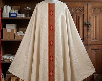 Ivory Gothic Chasuble, Red Gold Cross Orphrey, Damask Catholic Priest Vestment, Christmas Easter Wedding, Ordination Gift