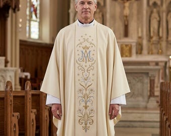 Marian Chasuble Ivory Priest Vestment Catholic Mass Chasuble Embroidered Ave Maria Lily Gold Orphrey Ordination Priest Gift