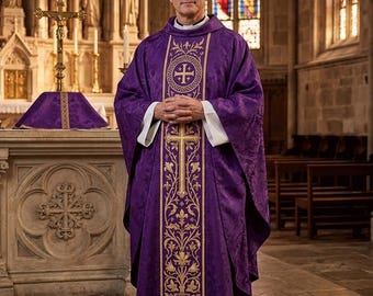 Purple Gothic Chasuble, Gold Chi Rho Cross Orphrey Embroidery, Violet Damask Priest Vestment, Advent Lent Mass, Ordination Gift