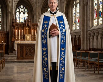 Marian Cope, Ivory Blue Gold Ave Maria Embroidery, Our Lady Catholic Priest Vestment, Procession Benediction May Crowning