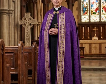 Purple Cope, Gold Cross Fleur de Lis Embroidery, Violet Damask Catholic Priest Vestment, Advent Lent Procession Benediction, Funeral