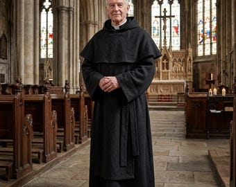 May include: A person wearing a long, black, hooded monastic robe with a white clerical collar. The garment features a wide shoulder cape, long sleeves, and a matching fabric belt tied at the waist, reaching down to the floor in a simple, structured design.