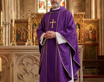 Purple Gothic Chasuble, Gold Cross Vine Embroidery, Violet Damask Catholic Priest Vestment, Advent Lent Mass, Ordination Gift