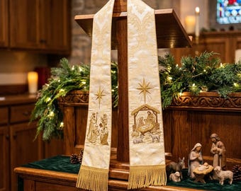 Ivory Gold Nativity Stole, Christmas Star of Bethlehem Holy Family Embroidery, Damask Catholic Priest Vestment, Christmas, Ordination Gift