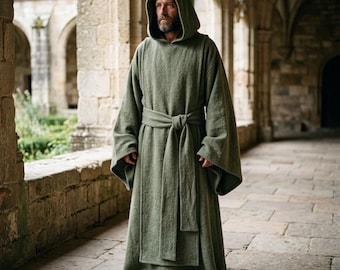Hooded Monk Robe, Sage Green Wool Blend Franciscan Friar Habit, Medieval Costume Renaissance Faire LARP, Cosplay Halloween Nativity