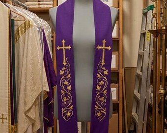 Purple Priest Stole, Gold Cross Vine Embroidery, Violet Catholic Clergy Stole, Advent Lent Vestment, Ordination Gift for Priest