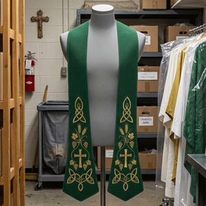 May include: A green liturgical stole featuring gold embroidery. The design includes a central cross, wheat stalks, grape clusters, and intricate Celtic knotwork patterns at the top and bottom of each panel, displayed on a neutral mannequin torso.
