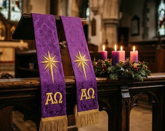 Purple Advent Stole, Gold Star of Bethlehem Alpha Omega Stole, Violet Damask Catholic Priest Vestment, Advent Lent, Ordination Gift