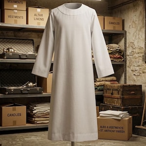 May include: A solid white liturgical alb featuring a round neckline and long, straight sleeves. The garment is floor-length with a simple, unadorned design, constructed from a smooth, opaque fabric that hangs in a straight, structured silhouette.
