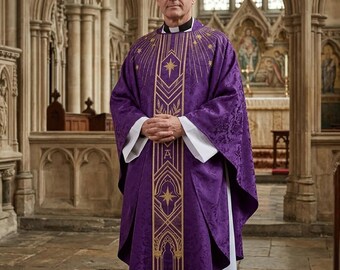 Purple Advent Chasuble, Gold Star of Bethlehem Alpha Embroidery, Damask Catholic Priest Vestment, Advent Mass, Ordination Gift