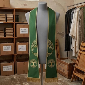May include: A green liturgical stole featuring gold embroidered Celtic tree of life motifs on both panels. The stole is finished with gold metallic trim along the edges and gold fringe at the bottom of each side, displayed on a grey mannequin.