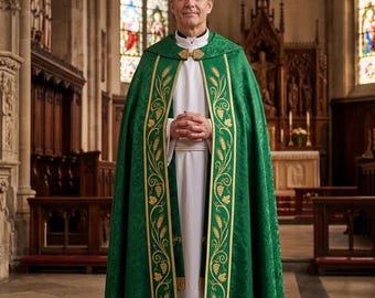 Green Cope, Gold IHS Wheat Grapes Embroidery, Damask Catholic Priest Vestment, Ordinary Time Procession Benediction, Cope Vestment