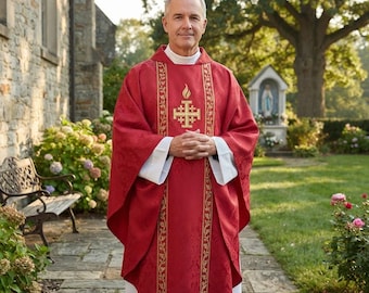 Red Pentecost Chasuble, Gold Jerusalem Cross Holy Spirit Flames, Damask Catholic Priest Vestment, Confirmation Mass, Ordination Gift