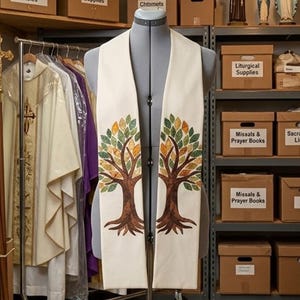 May include: A white liturgical stole featuring a symmetrical embroidered tree design on each side. The trees have brown trunks and roots with leaves in shades of green and gold. The stole is displayed on a grey mannequin torso in a storage area.
