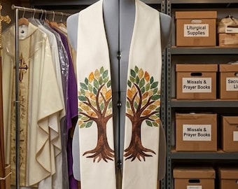 Tree of Life Clergy Stole, Ivory Appliqued Pastor Priest Vestment, All Season Ordinary Time, Baptism Ordination Gift