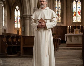 Hooded Monk Robe, White Franciscan Friar Habit with Caped Hood, Medieval Costume Renaissance Faire LARP, Cosplay Halloween Nativity
