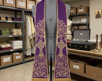 Purple Celtic Stole, Gold Celtic Cross Knotwork Priest Stole, Violet Catholic Clergy Vestment, Advent Lent Stole, Ordination Gift