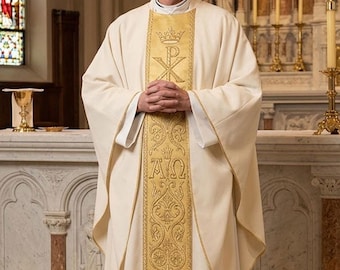 Ivory Gold Chasuble Stole Set, Chi Rho Alpha Omega Embroidery, Catholic Priest Mass Vestment, Christmas Easter Wedding, Ordination Gift