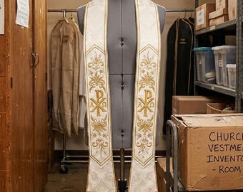 Ivory Gold Priest Stole, Chi Rho Alpha Omega Lily Embroidery, Damask Catholic Stole, Christmas Easter Wedding, Ordination Gift