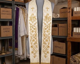 White Gold IHS Priest Stole, Damask Christogram Embroidery, Ivory Catholic Clergy Stole, Christmas Easter Wedding, Ordination Gift