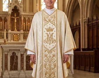 Ivory Marian Chasuble, Gold Ave Maria Crown Embroidery, Cream Damask Catholic Priest Vestment, Our Lady Mass, Ordination Gift