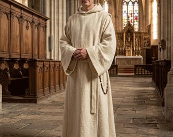 May include: A floor-length, off-white hooded robe with long, wide sleeves and a matching fabric belt tied at the waist. A string of dark brown wooden beads hangs from the waist, resting against the textured, heavy-weight fabric of the garment.