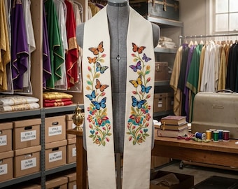 Butterfly Clergy Stole, Ivory Embroidered Resurrection Easter Vestment, Pastor Priest Stole, Baptism All Season, Ordination Gift