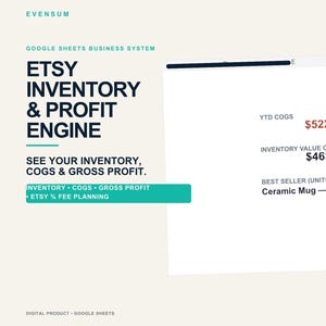 May include: A digital Google Sheets business system titled Etsy Inventory & Profit Engine. The interface displays YTD COGS of $522, inventory value on hand of $463, and a best seller unit listed as Ceramic Mug — Classic. The layout includes text.