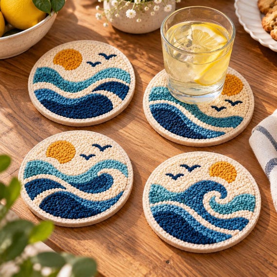 Ocean Wave Punch Needle Coasters, Handmade Coaster Set, Coastal Home Decor Gift