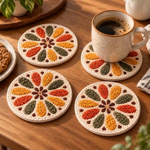 May include: Three round, cream-coloured coasters featuring a textured, punch-needle floral pattern in shades of orange, yellow, and dark green. One coaster supports a speckled ceramic mug filled with dark coffee, while another sits nearby.