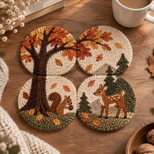 Könnte beinhalten: Vier runde Punch-Needle-Untersetzer mit texturierten Herbstmotiven. Die Designs zeigen einen Baum mit orangefarbenen Blättern, eine Waldlandschaft, ein Eichhörnchen mit einer Eichel an einem Baum und ein geflecktes Reh bei Tannen.
